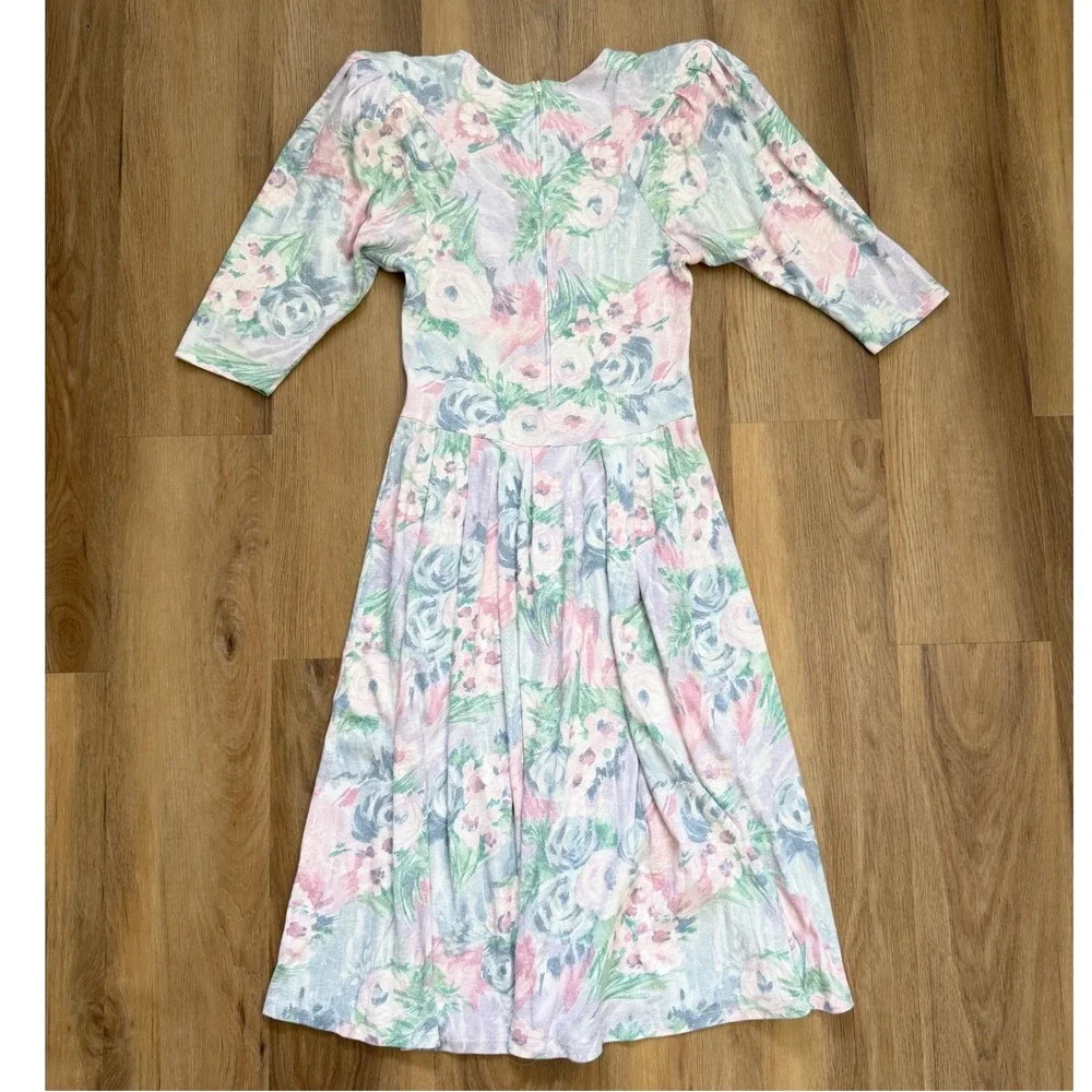 Vintage 80s Drop Waist Floral Dress Pastel 9 cottage prairie tea coastal